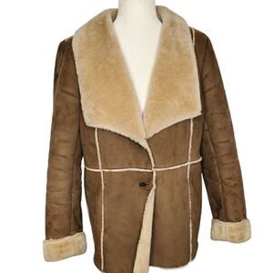 J JILL jacket vegan‎ faux suede shearling tan coat M